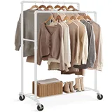Songmics Kleiderständer, Kleiderstange, Garderobenständer mit 2 Kleiderstangen und Ablage, Rollen, bis 110 kg belastbar, Industrie-Design, für Schlafzimmer, Ankleidezimmer, weiß HSR060W01