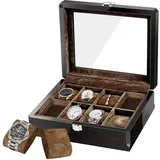 RichLuck Uhrenbox mit 8 Slots, Uhrenkasten großer Glasdeckel, klassische Ebony Uhrenbox für Männer, Aufbewahrungsbox mit abnehmbarem Uhrenkissen, Geschenk für den Vatertag, Jubiläum. (Schwarz)