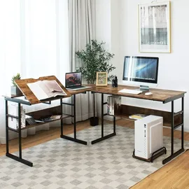 Costway L-förmiger Schreibtisch, Eckschreibtisch aus Holz mit neigbarer Tischplatte, unterem Bücherregal & CPU-Ständer, Zeichentisch Computertis... - Braun