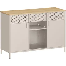 Songmics Aufbewahrungsschrank, Metallschrank, Schrank mit Doppeltür, Sideboard, Magnetverschluss, verstellbare Einlegeböden, Stahlgestell, sandbeige-natureichenfarben LSC204LF01