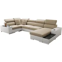 All4All Ecksofa mit Schlaffunktion Passe 335 cm x 205 cm - Wohnlandschaft U-Form - Schlafsofa mit Bettkasten - XXL Sofa - Groß - Gewebe mit Kunstleder -Beige/Weiß - Rechte Seite 26