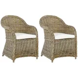 Beliani Gartensessel Rattan natürlich 2er Set Auflagen cremeweiß Susua