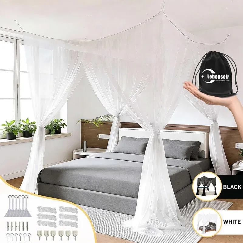 【3 € Rabatt ab 10 €】LeBonsoir 4-Eckiges rechteckiges Moskitonetz für Camping, Zuhause, Outdoor, Reisen, mit 6 Aufhängeschlaufen und 4 Öffnungen, Weiß, 210 x 200 x 200 cm