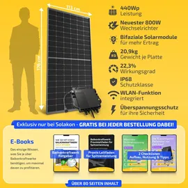 solakon Balkonkraftwerk 1157W Solaranlage Steckerfertig Komplettset Photovoltaik Anlage 800W, Kabellänge: 5m,