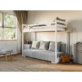 dein schlaf 24 Etagenbett Jugendbett Couch SIDNEY 90x200/140x200 mit Schlaffunktion Couch in Cord Samt inkl 3 große Kissen Weiss Grau Funktionsbett aus Kiefernholz - Weiß/Grau