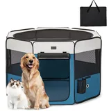 PETSFIT faltbar Welpenauslauf Tierlaufstall für Kleintiere Hunde Katzen,Hundelaufstall Freigehege mit Wasserdichter Boden,Pop-up System Kausicheres Design,Grau/Blau,116 * 106 * 70cm