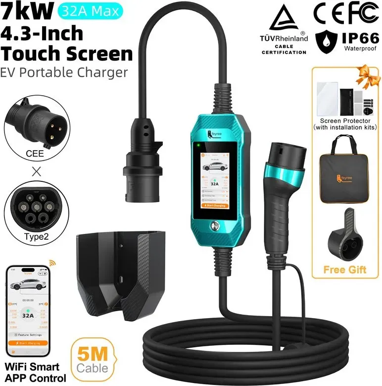 Feyree 4,3 Zoll Touchscreen Typ 2 Smarte WLAN-App-Steuerung Tragbarer 7 kW Heim-Ladegerät für Elektrofahrzeuge