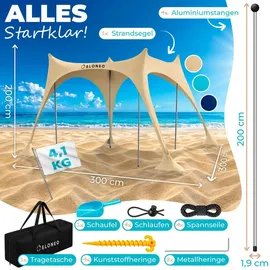 eloneo Strandzelt, Sonnensegel Strand 300x300x200 cm, LSF 50+, Sonnenschutz für Strand mit Sandschaufel, Heringen und 4 Stabilitätsstangen, 8 Personen, Creme