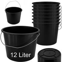 Baueimer - 12 Liter - Mörteleimer aus Kunststoff mit Metallgriff, Wassereimer für Garten, Baustelle, schwarzer Eimer, Mörtelkübel, Putzeimer, Maurerkübel, Garteneimer - 5 Stück