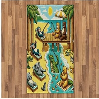 Teppich Flachgewebe Deko-Teppiche für das Wohn-,Schlaf-, und Essenszimmer, Abakuhaus, rechteckig, Lustige Tiere Schönen Freizeittag gelb|grün 80 cm x 150 cm