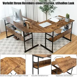Costway L-förmiger Schreibtisch, Eckschreibtisch aus Holz mit neigbarer Tischplatte, unterem Bücherregal & CPU-Ständer, Zeichentisch Computertis... - Braun