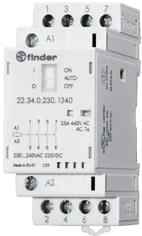 Finder 223400244740 Installationsschütz für Reiheneinbau, 1 Öffner und 3 Schließer, 25 A, Spule 24 V AC/DC, On-Auto-Off - Schalter, LED-Anzeige