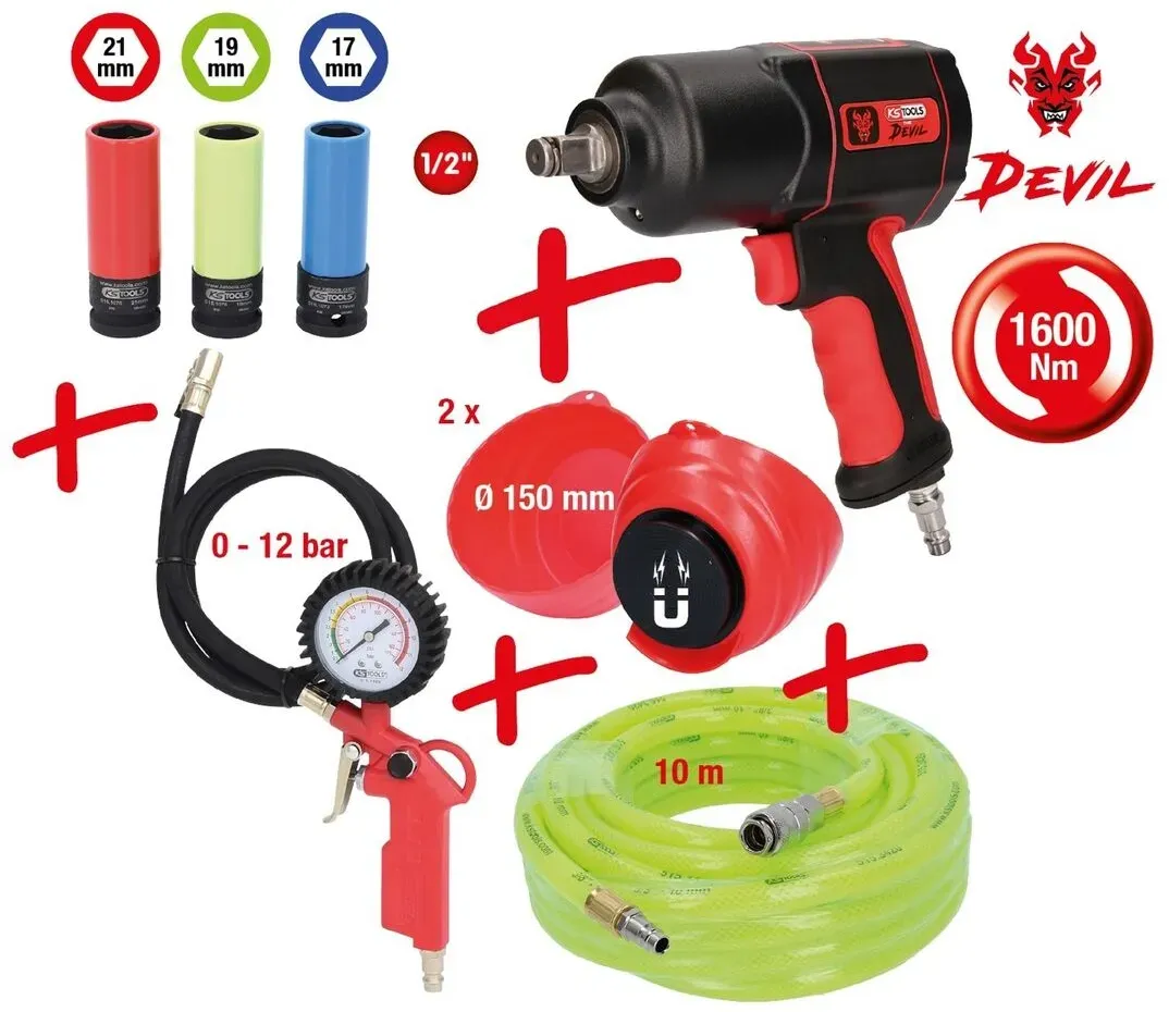 KS-TOOLS KS Tools Schlagschrauber-Set DEVIL 8-tlg Reifenfüller Schlauch mag. Schalen Nüsse