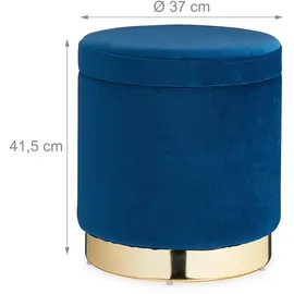 Relaxdays Samthocker mit Stauraum, rund, eleganter Polsterhocker, modern, Samt Sitzhocker, H x D 41,5 x 37 cm, blau/Gold