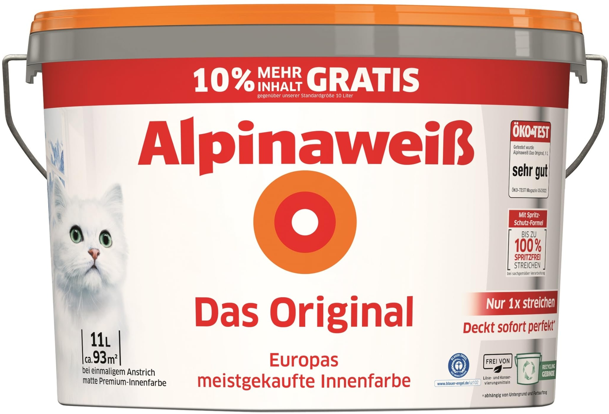 Alpinaweiß Das Original – optimal deckende und ergiebige weiße Wandfarbe – mit Spritz-Schutz-Formel – 11 Liter
