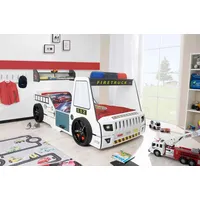 Aileenstore Autobett Kinder 90x200 cm Feuerwehrbett "Rio Firetruck" mit LED-Licht und Sirenenoptik