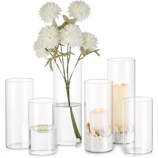 Glasseam Zylinder Vase Glas Klar, Blumenvase Modern Vasen Deko 6 Stück, 15/20/25cm Hoch Tulpenvase Zylindervasen Hochzeit Tischdeko, Dekorative Kerzenhalter Windlicht Flower Vase für Wohnzimmer