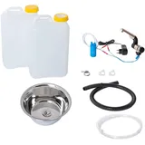 Wasseranlage Imbisswagen Verkaufsanhänger Campingküche 230v Bausatz Spüle 32cm (320mm) + Wasserhahn Barwig Chrom Wasserkanister 19Liter (ad-ideen)
