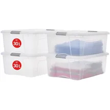 Iris Ohyama Aufbewahrungsboxen mit Deckel, 30L, 4er-Set, Silber, Sicherer Verschluss, Stapelbar, Griffe, Schlafzimmer, Schrank, Büro, Organisation, BPA-freies Plastik, Ordnungsboxen, NTB-30