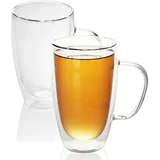 Intirilife 2x Thermo Gläser Set in 400 - 500ml – Mundgeblasen isoliert für Espresso Cappuccino, Teegläser Kaffeegläser Latte Macchiato Tassen, Schwebeeffekt mit Henkel