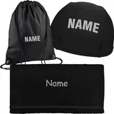 Kinder Badekappe schwarz mit Namen Bedruckt | Turnbeutel Druck mit Name | Handtuch mit Wunschnamen Bestickt | Schwimmkappe Badehaube Schwimmhaube (Badekappe + Turnbeutel + Handtuch mit Namen)