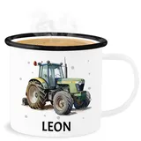 Emaille Becher Blechbecher - Trecker Name I Trecker Fan I Traktor Geschenk personalisiert I Geschenk Landwirt - 300 ml - Weiß Schwarz - personalisierte tasse kita bulldog bauer emaille-tasse