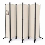 VOUNOT VOUNOT® Paravent Raumteiler 6 Teilig auf Rollen Freistehend Stoff Trennwand Klappbar Sichtschutz Stellwand für Balkon Wohnzimmer Schlafzimmer und Büro 340 x 30 x 171 cm Beige