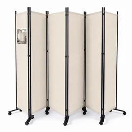 VOUNOT VOUNOT® Paravent Raumteiler 6 Teilig auf Rollen Freistehend Stoff Trennwand Klappbar Sichtschutz Stellwand für Balkon Wohnzimmer Schlafzimmer und Büro 340 x 30 x 171 cm Beige