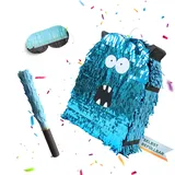 Relaxdays Pinata Monster, mit Stab & Augenmaske, Partypinata zum Befüllen, Kindergeburtstag, HBT 49,5 x 39 x 10 cm, blau