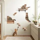 LitaiL Kletterwand Katzen aus Massivholz, Katzen Kletterwand Set mit Katzennapf Wand, Katzenliege und Katzentreppe für Wand, Extra Stabile Katzen Wandelemente, 6-teilig, Bis 25KG