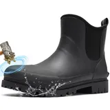 Furuian Herren Stahlkappe Regenstiefel Knöchel Gummi Arbeitsstiefel Chelsea Regenstiefel Wasserdicht Schlammschuhe Rutschfeste Konstruktionsschuhe für Landwirtschaft, Industrie, Arbeit, Jagd, Schwarz - 43 EU