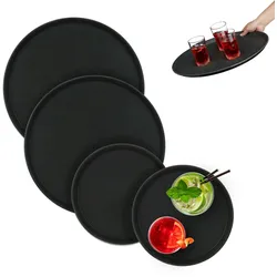 Relaxdays Serviertablett 4er Set, rutschfeste Oberfläche, rundes Kellnertablett, Tablett Gastronomie, 2 Größen, schwarz