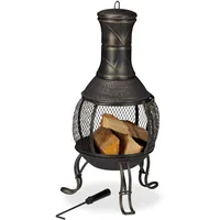 Relaxdays Aztekenofen, Schürhaken, Holzrost, Funkenschutzgitter, Garten, Terrasse, Antik Terrassenofen, Höhe 89 cm, Gold