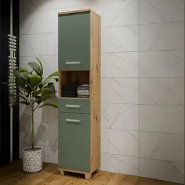 Forte VERIS Badschrank 40, hoher Badezimmerschrank mit 2 Türen, 1 Schublade und 1 offenem Fach, Holzwerkstoff, Salbei mit Artisan Eiche Holzdekor, 40,2 cm breit x 186,8 cm hoch x 34,8 cm tief
