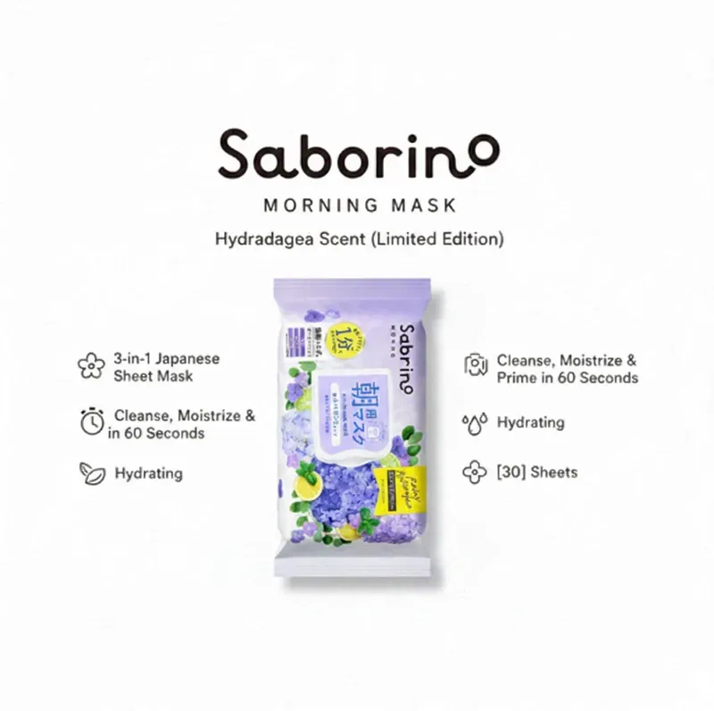 Saborino Morning Mask Hortensie-Duft (Limited Edition) – 3-in-1 Tuchmaske aus Japan, Reinigung, Pflege & Make-up-Basis in 60 Sekunden, feuchtigkeitsspendend, [30] Stück