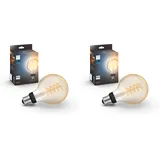 Philips Hue White Ambiance E27 Filament Globe Lampe (550 lm), dimmbare LED Lampe für das Hue Lichtsystem mit allen Weißtönen, smarte Lichtsteuerung über Sprache und App (Packung mit 2)