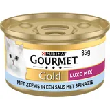 Gourmet Gold Luxe Mix Katzenfutter, Nassfutter mit Meeresfisch in Einer Sauce mit Spinat - 24x85g - (24 Dosen; 2,04kg)