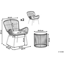 Beliani Balkonset Hellbraun Rattan Stahl Sicherheitsglas 2 Stühle Beistellstisch mit Auflagen Balkon Terrasse Garten - Beige/Schwarz