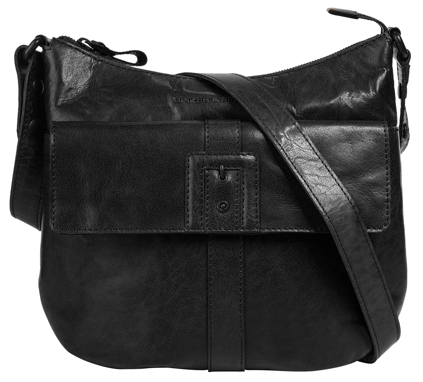 Umhängetasche SPIKES & SPARROW, Damen, Gr. B/H/T: 27cm x 24cm x 9cm onesize, schwarz, Leder, leicht glänzend, unifarben, Taschen Umhängetasche, echt Leder