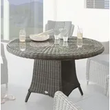 Beauty.Scouts Gartentisch Tisch „Honey“, Vintage Grau, 100 Ø x 75 cm, mit aufgelegter Glasplatte, Wetterfestes Polyrattan mit Sicherheitsglasplatte und Aluminiumgestell
