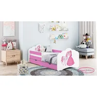 HAPPY BABIES Kinderbett Happy Kinderbett mit Rausfallschutz und Bettschublade Bett für Mädchen 160x80 mit Matratze Weiß Rose Bett Prinzessin (M03)