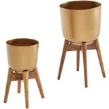 KADIMA DESIGN Alu-und-Holz Pflanzenkübel Set 31x31x51 cm Gold/Braun