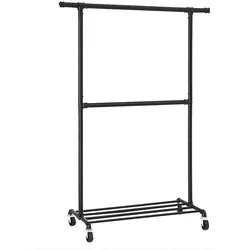 Kleiderständer Industriedesign, bis 110 kg belastbar, Garderobenständer auf Rollen, 2 Kleiderstangen, 1 Ablage, Wasserrohr-Optik, schwarz