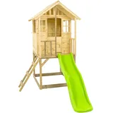 Holz Kinderspielhaus Villa mit Veranda & Rutsche Natur 137x121x140 cm