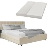 Juskys Samt Polsterbett Soria 180x200 cm mit Matratze, Lattenrost & Schubladen - Bett Beige