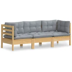vidaXL 3-Sitzer-Gartensofa mit Grauen Kissen Massivholz Kiefer
