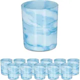 Relaxdays Teelichtgläser, 12er Set, Teelichthalter aus Glas, Schlichtes Design, H x D: 8,5 x 7 cm, Deko, blau/creme