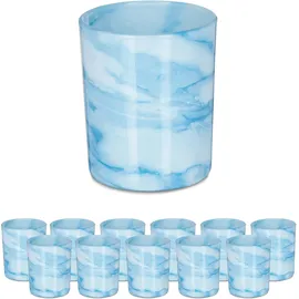 Relaxdays Teelichtgläser, 12er Set, Teelichthalter aus Glas, Schlichtes Design, H x D: 8,5 x 7 cm, Deko, blau/creme