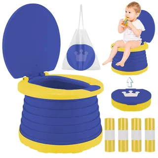 Reisetöpfchen Töpfchen für Unterwegs Faltbares Reisetoilette Kinder Mobiles Reise Klapptöpfchen Travel Potty Reiseklo Klapptoilette Kids Klappbares Toilettensitz +60 Ersatzbeuteln für Töpfchen (Blau)