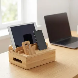 Relaxdays Ladestation, für Apple Watch, Bambus, HxBxT 11 x 17 x 13 cm, Handystation, Tablethalter, Uhrenständer, natur